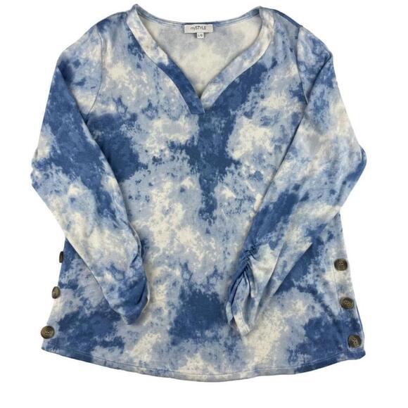 My Style Tops - My Style Sweatshirt Womens Large Blue White Tie Dye Ruched Long Sleeve V Neck